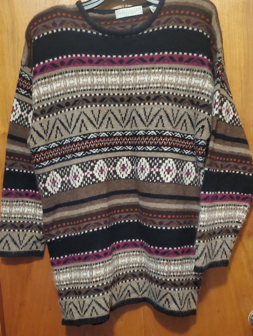 Valerie Stevens Crewneck Sweater in Brown, Black & Purple Fair Isle